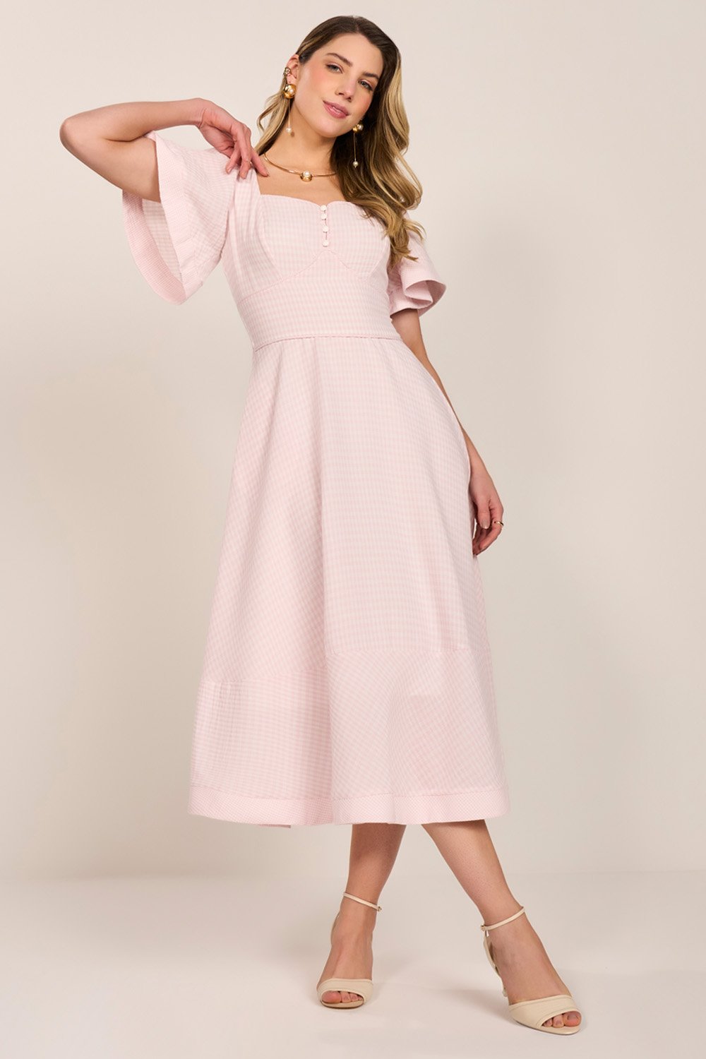 Vestido Rosa Vichy Xadrez Manga Evasê Saia Godê Midi Fascinius