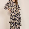 Vestido Azul Marinho Floral Babados Midi Reto Fascinius