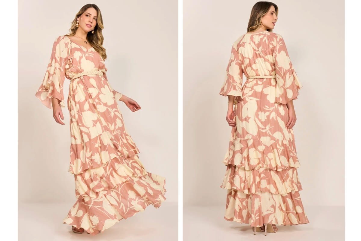 mulher usando vestido longo com estampas florais