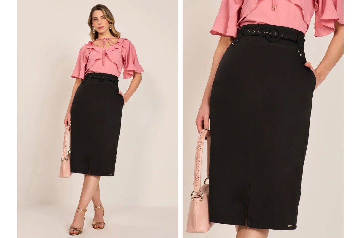 mulher usando saia cintura alta preta com camisa rosa segurando uma bolsa