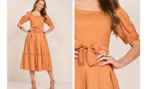 vestido midi na cor laranja representando um look dos anos 80