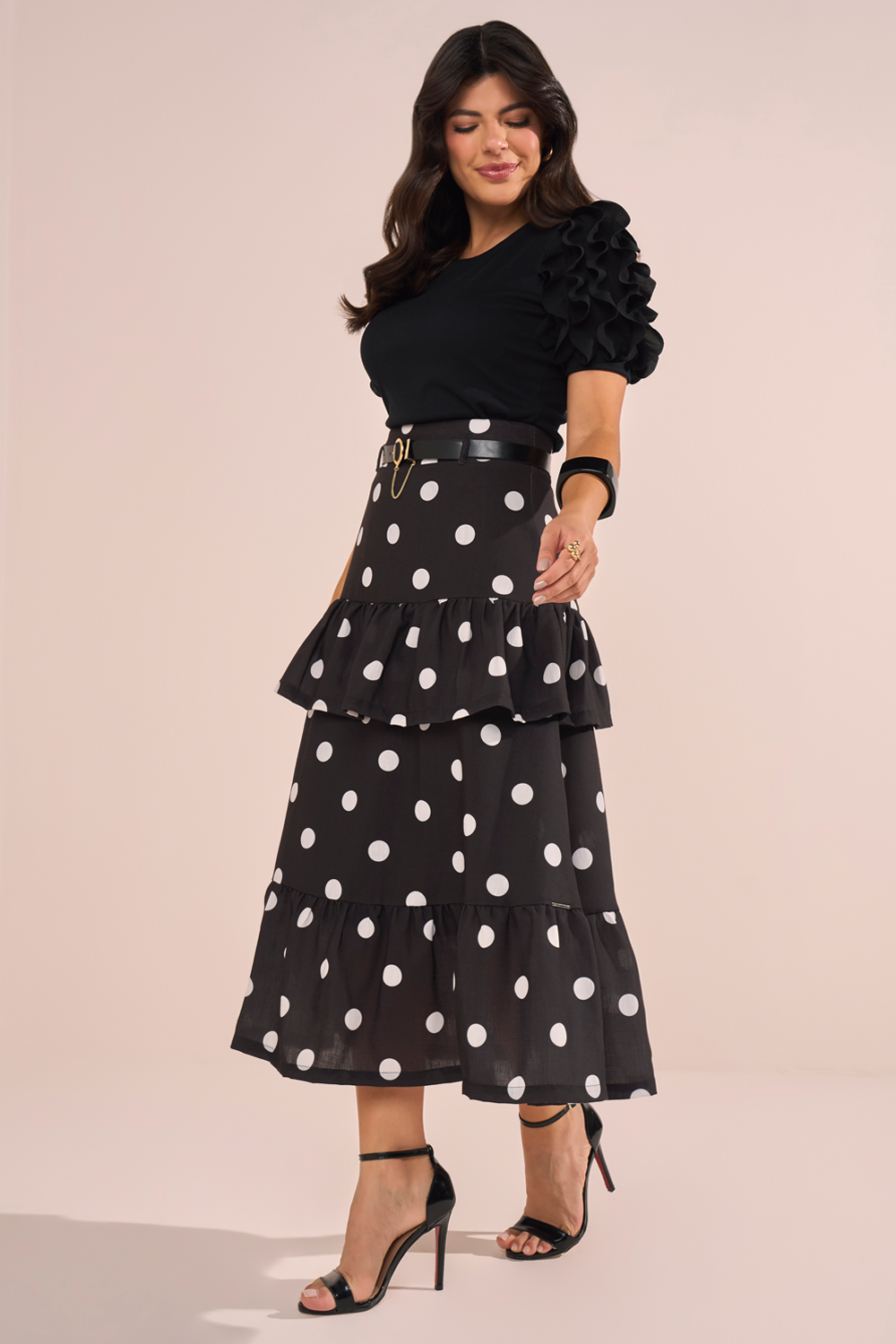 Saia Preta Estampa Poá E Babados Evasê Midi Fascinius