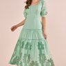Vestido Verde Com Bordados Richelieu Evasê Midi Fascinius