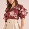 Blusa Marrom Floral Com Babados Manga 3/4 Fascinius