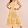 Vestido Amarelo Decote Princesa Bordado Floral Evasê Midi Fascinius