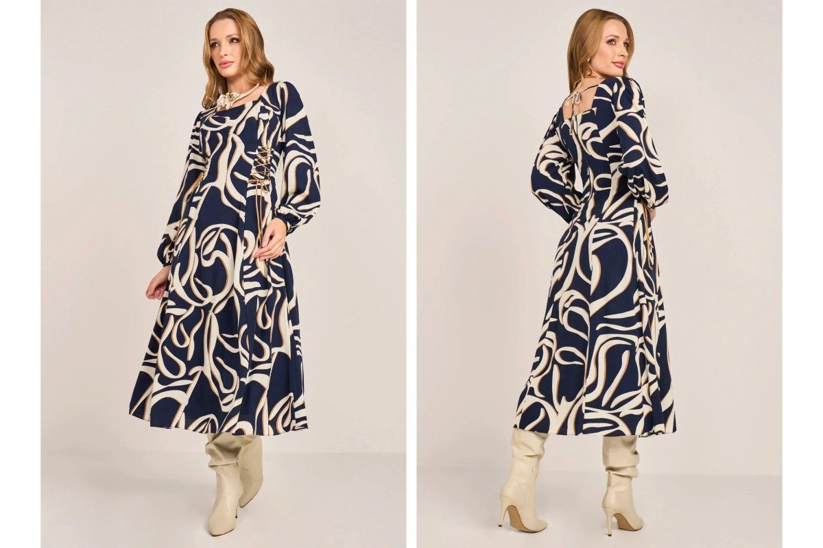 mulher usando vestido com estampa abstrata