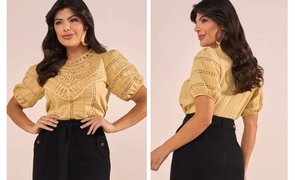 mulher usando blusa amarelo queimado