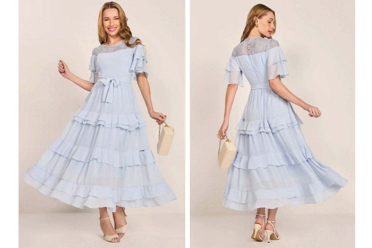 mulher usando vestido azul cinzento