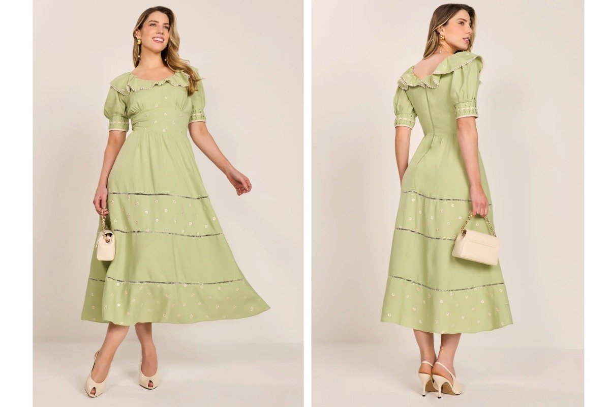 mulher usando vestido midi verde