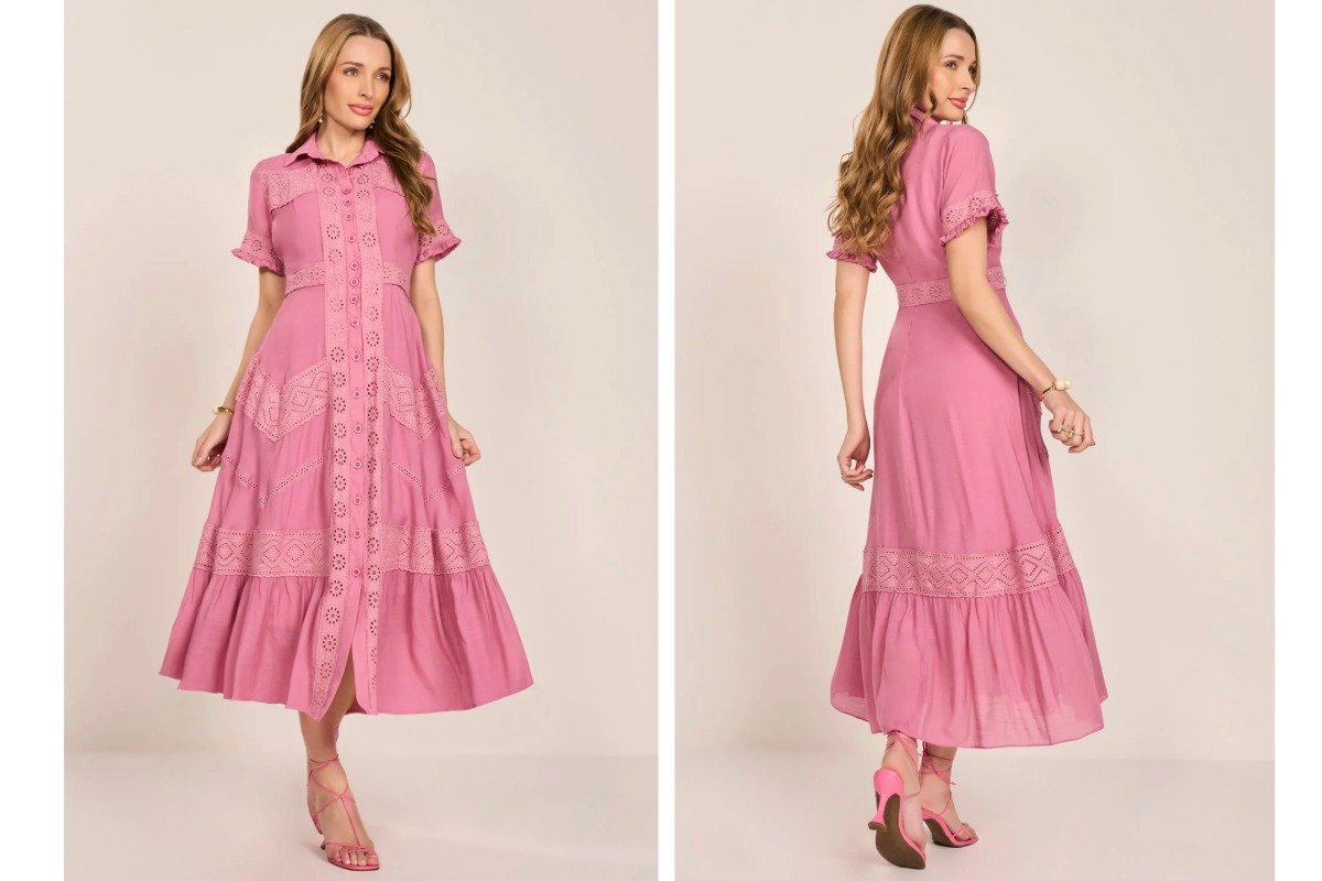 mulher usando vestido rosa