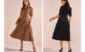 mulheres com o mesmo vestido uma com vestido marrom a outra com vestido preto