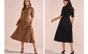 mulheres com o mesmo vestido uma com vestido marrom a outra com vestido preto
