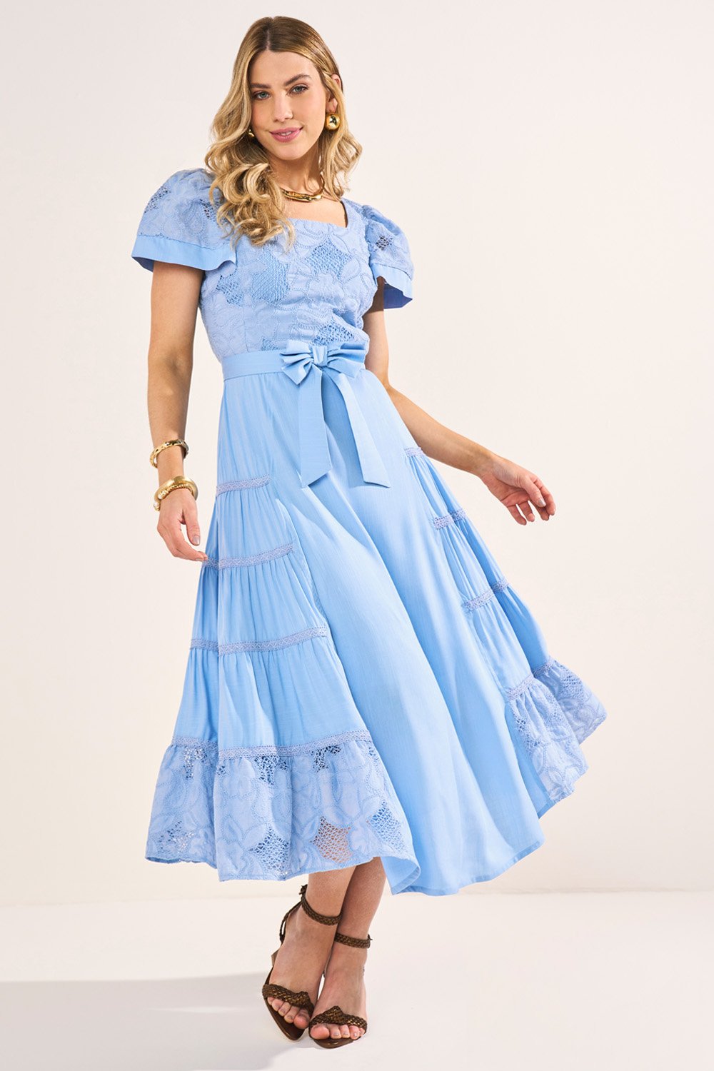 姫華 Vestido Azul Delavê Bordado Richelieu Evasê Midi Fascinius
