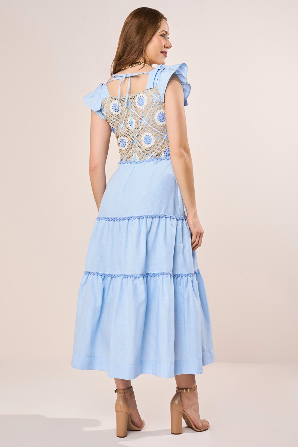 Vestido Azul Guipir Bicolor Laço Nos Ombros Evasê Midi Fascinius