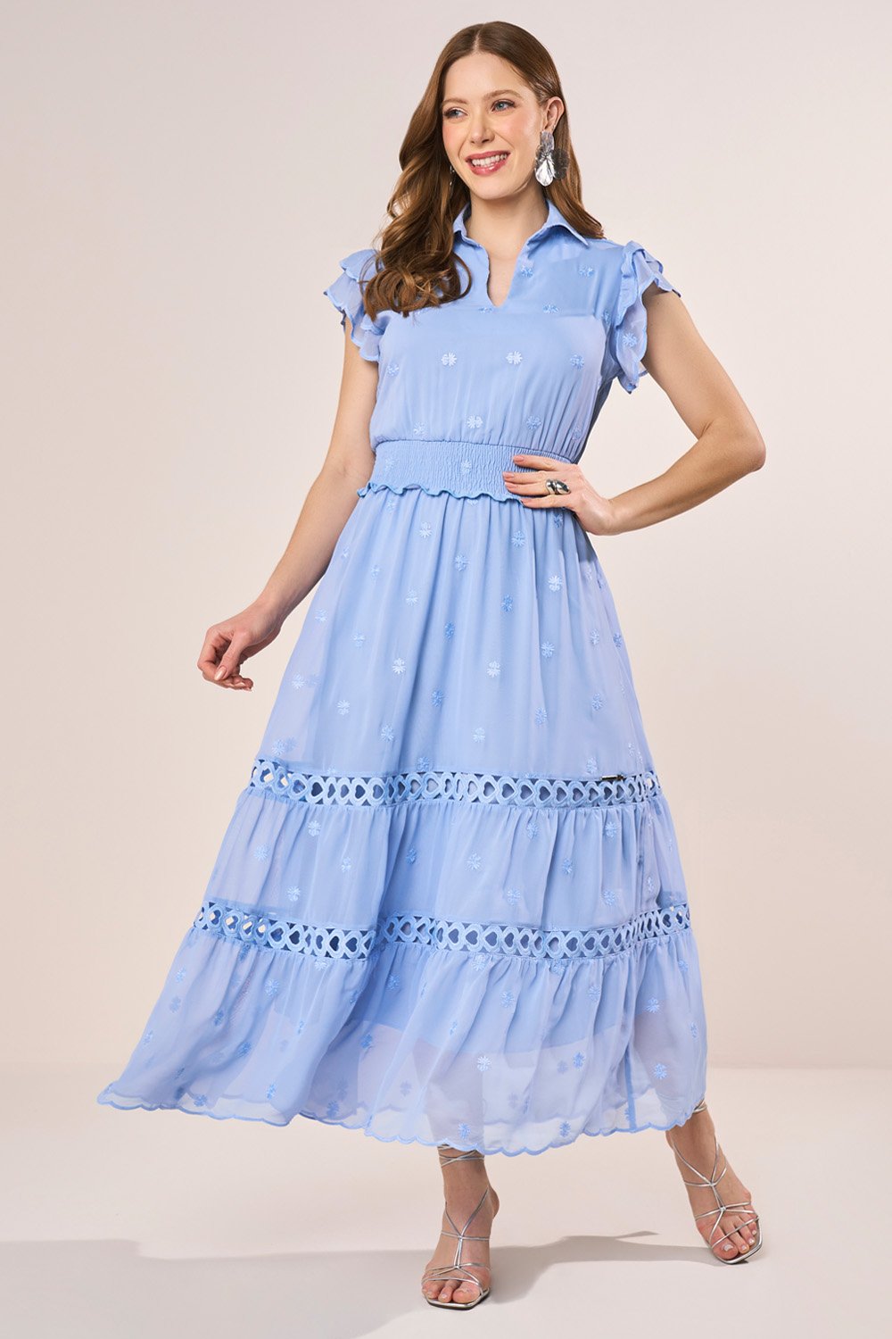 Vestido Azul Bordado Mini Floral Gola Polo Evasê Midi Fascinius