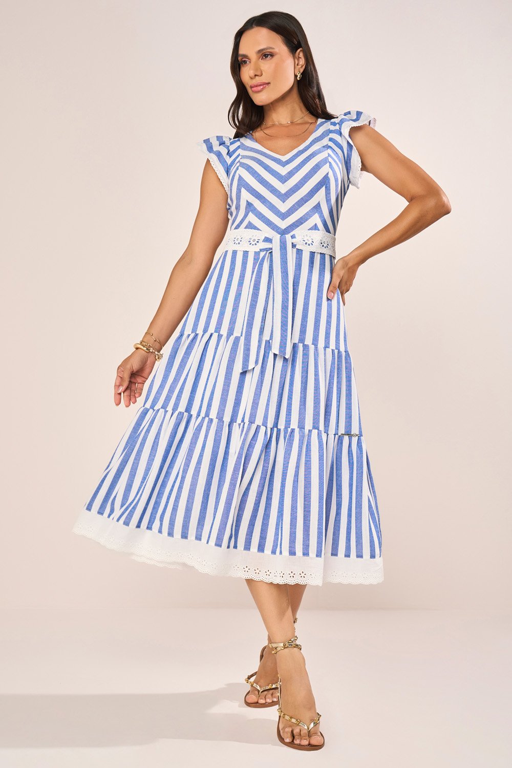 Vestido Azul Listrado Barra Em Laise Evasê Midi Fascinius