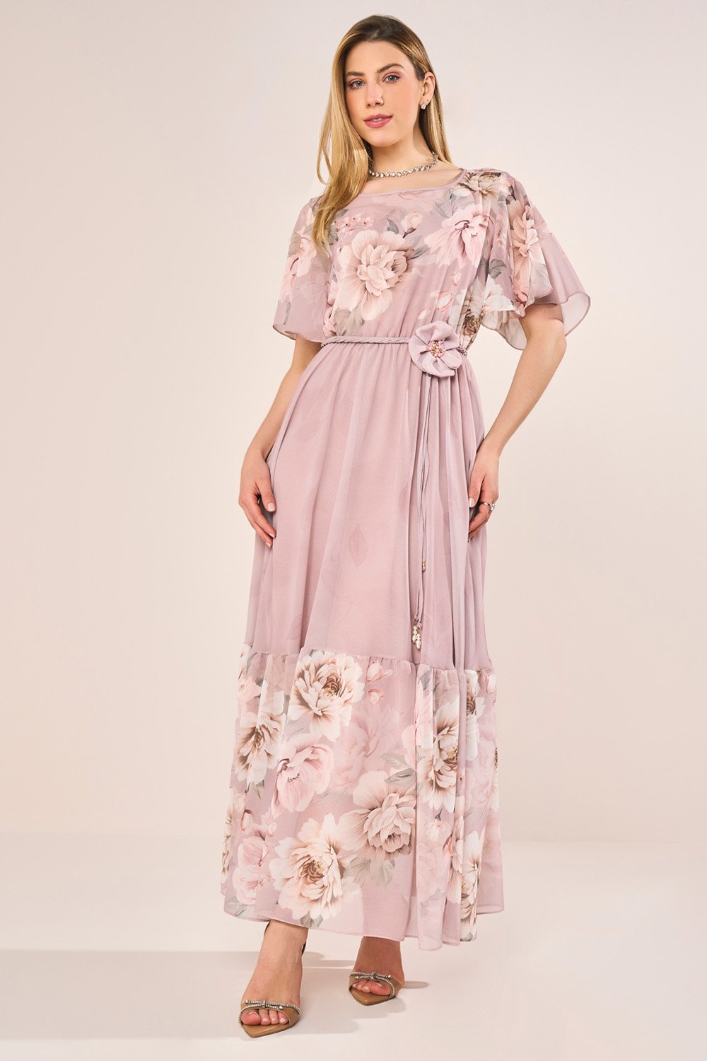 Vestido Longo Godê Floral Rosê com Cinto Flor - Fascinius