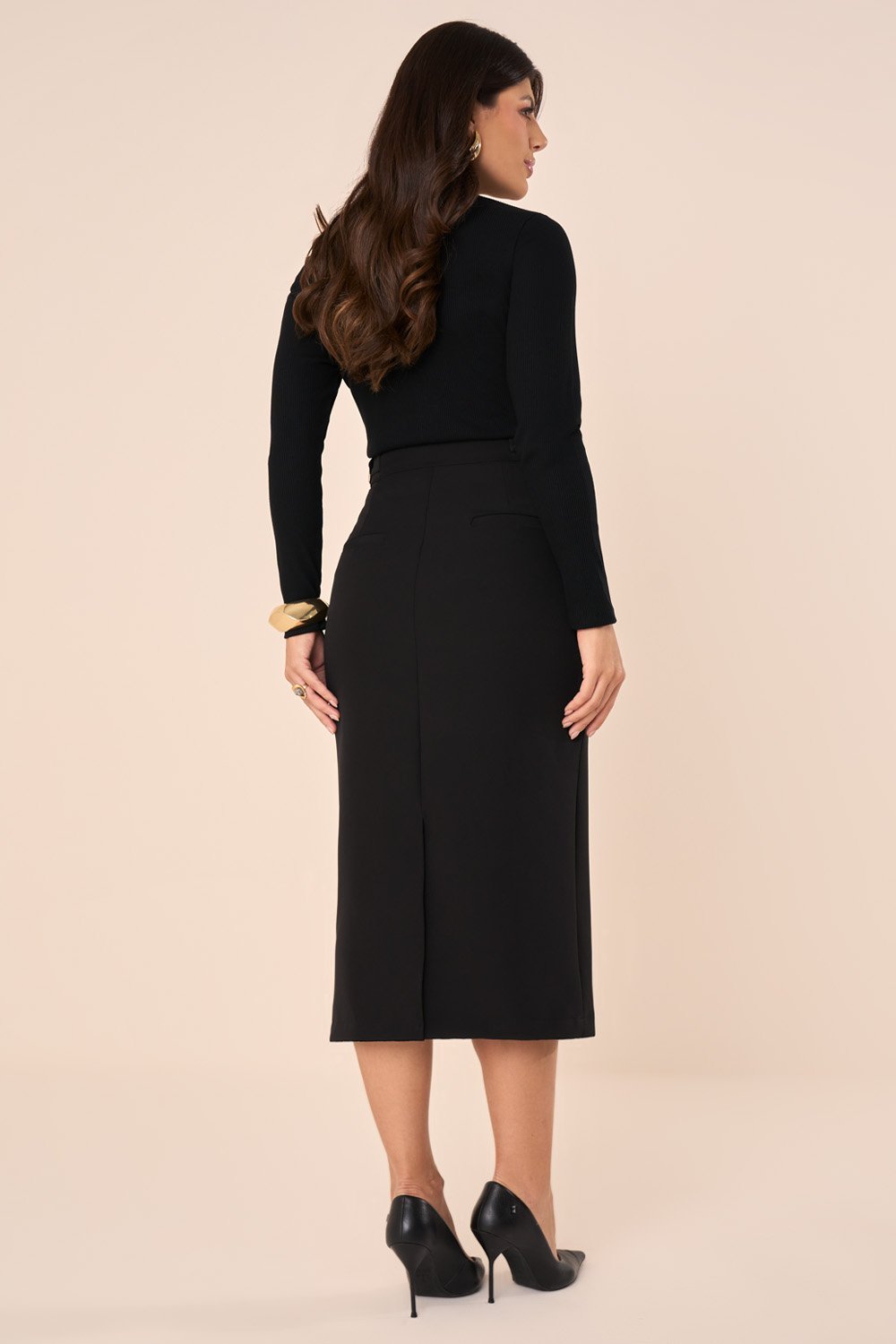 Saia Midi Reta de Alfaiataria com Fivela Lateral Preto - Fascinius