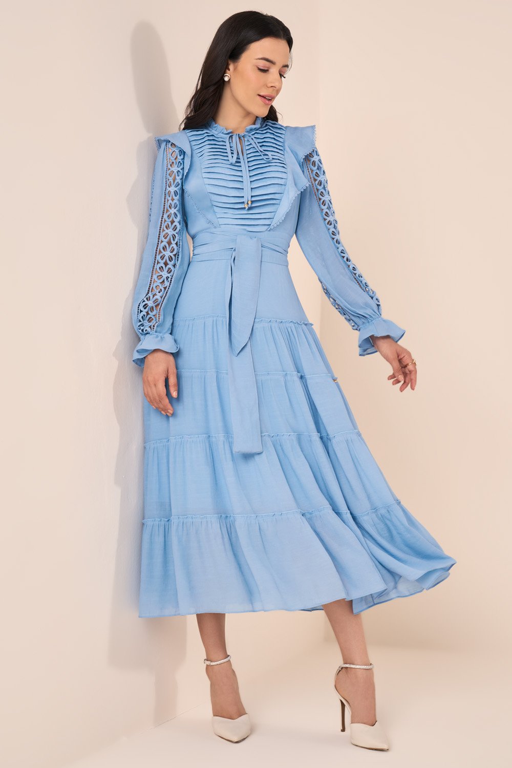 Vestido Midi com Babados e Pregas Frontais Azul - Fascinius