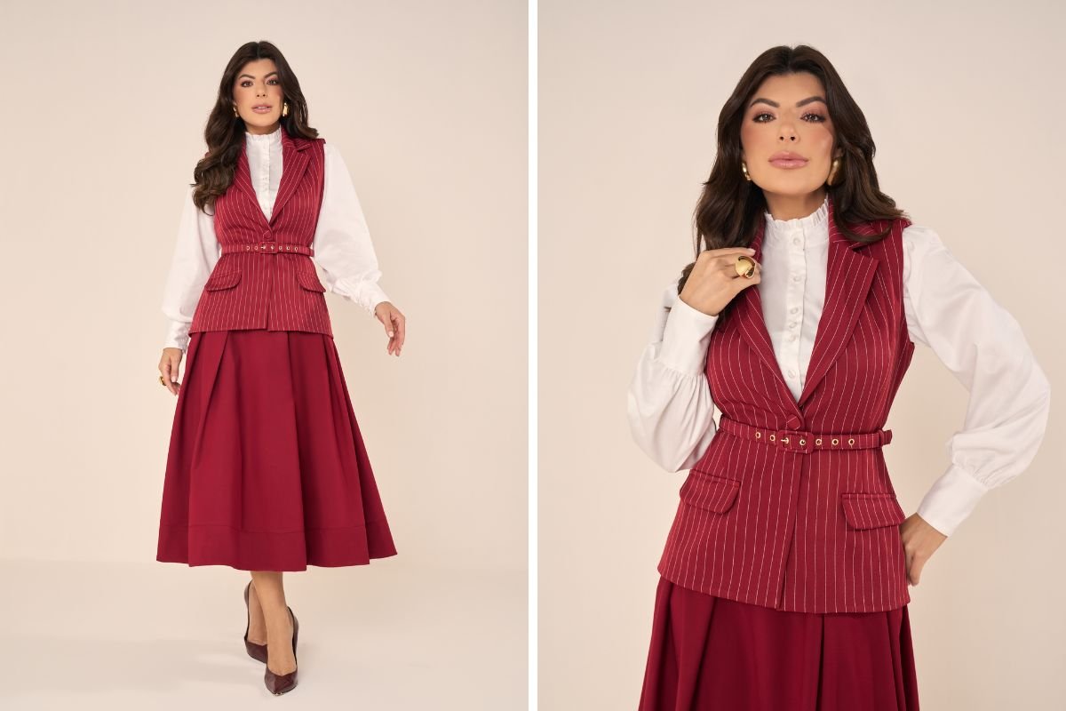 modelos usando conjunto coordenado vermelho e branco