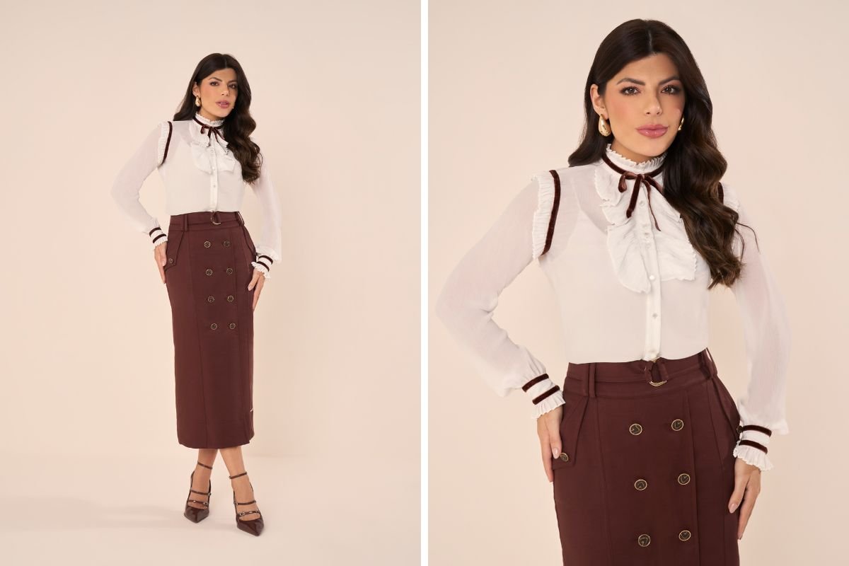 mulher usando conjunto coordenado marrom de branco