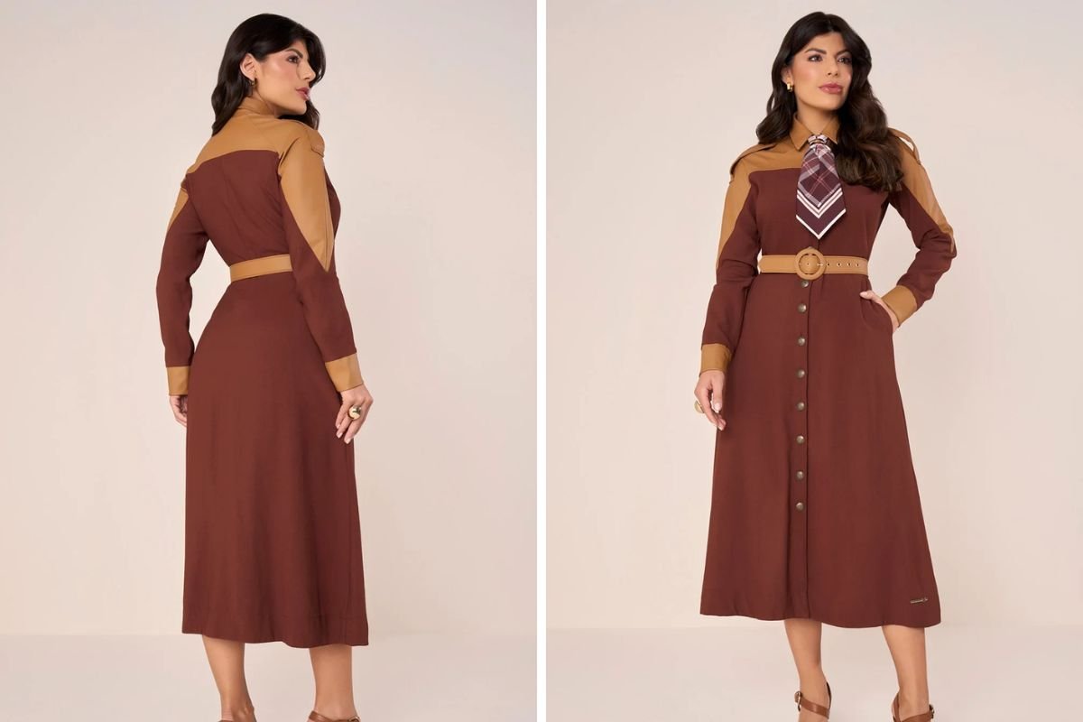 modelo usando vestido chemise com cinto