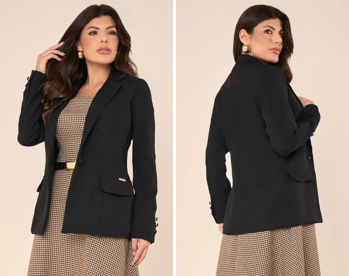 modelo com blazer preto e vestido