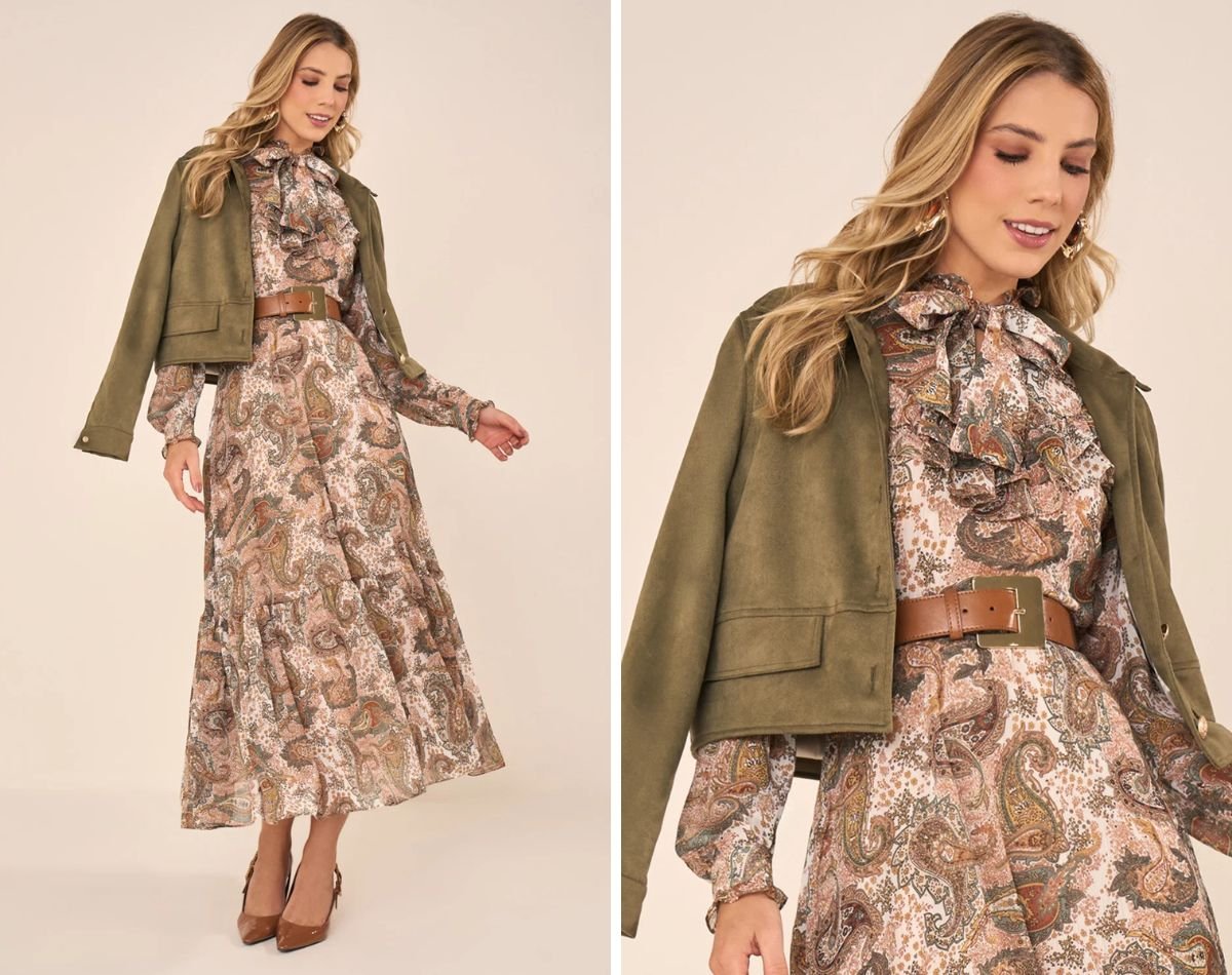 mulher com vestido e casaco