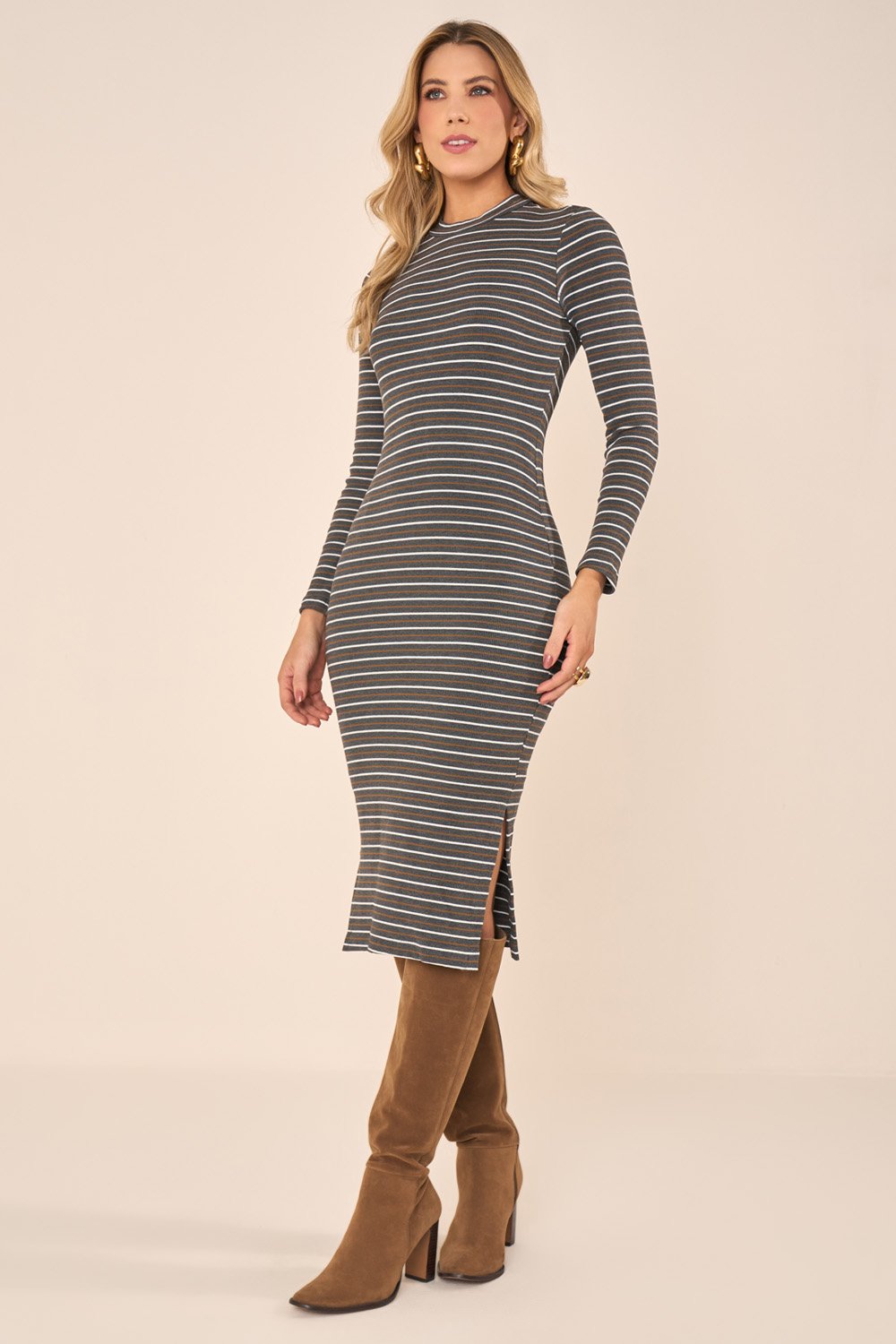 midi様 Vestido Midi Listrado com Fenda Lateral Cinza - Fascinius
