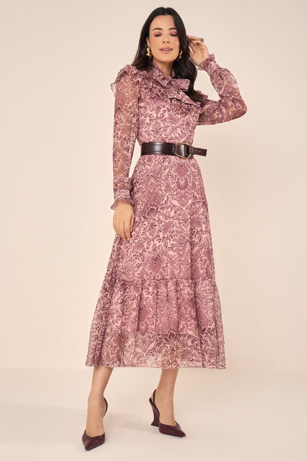 Vestido Evasê com Estampa Paisley Vinho - Fascinius