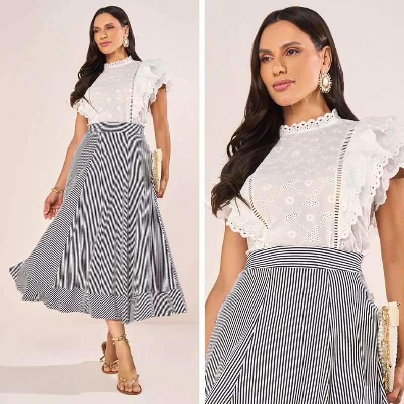 modelo usando vestido e blusa com laise