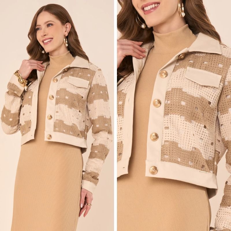 modelo usando vestido e jaqueta em guipir