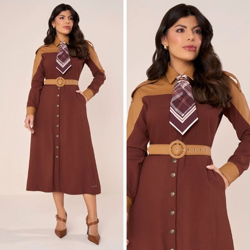 modelo com vestido marrom e cinto
