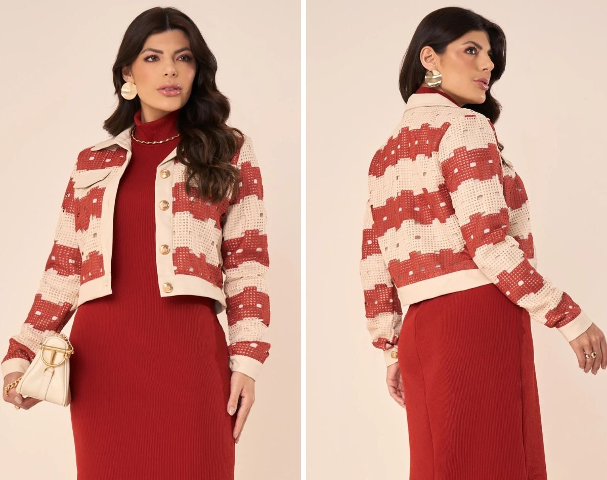 modelo com vestido e jaqueta com guipir