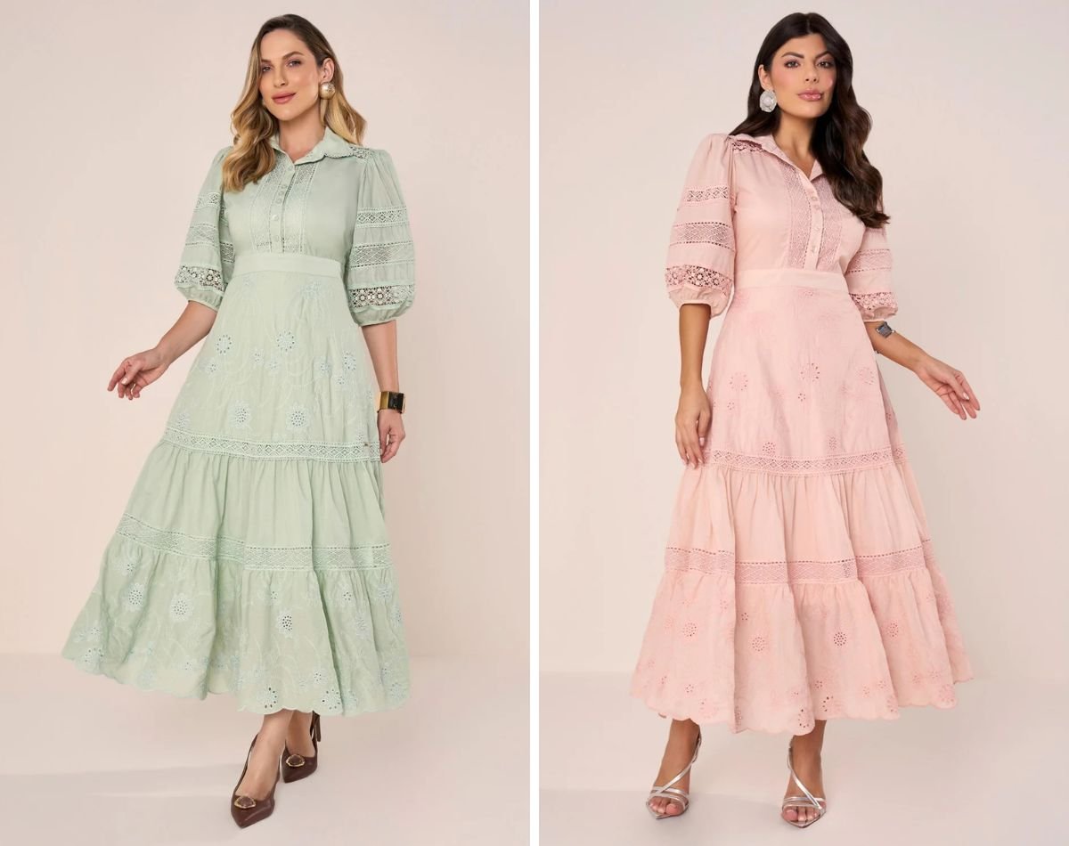 modelos usando vestidos com detalhes em laise
