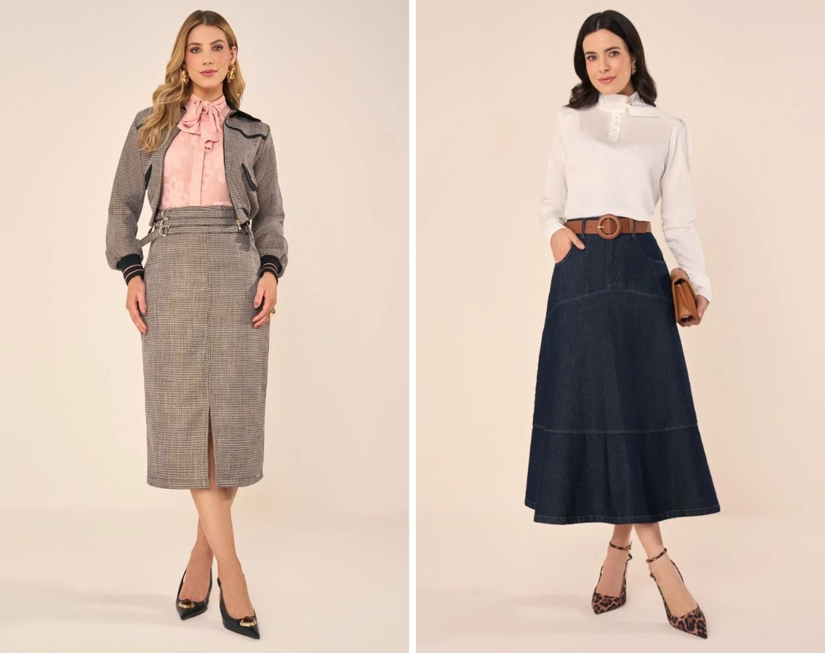 modelos com saia midi reta e evase