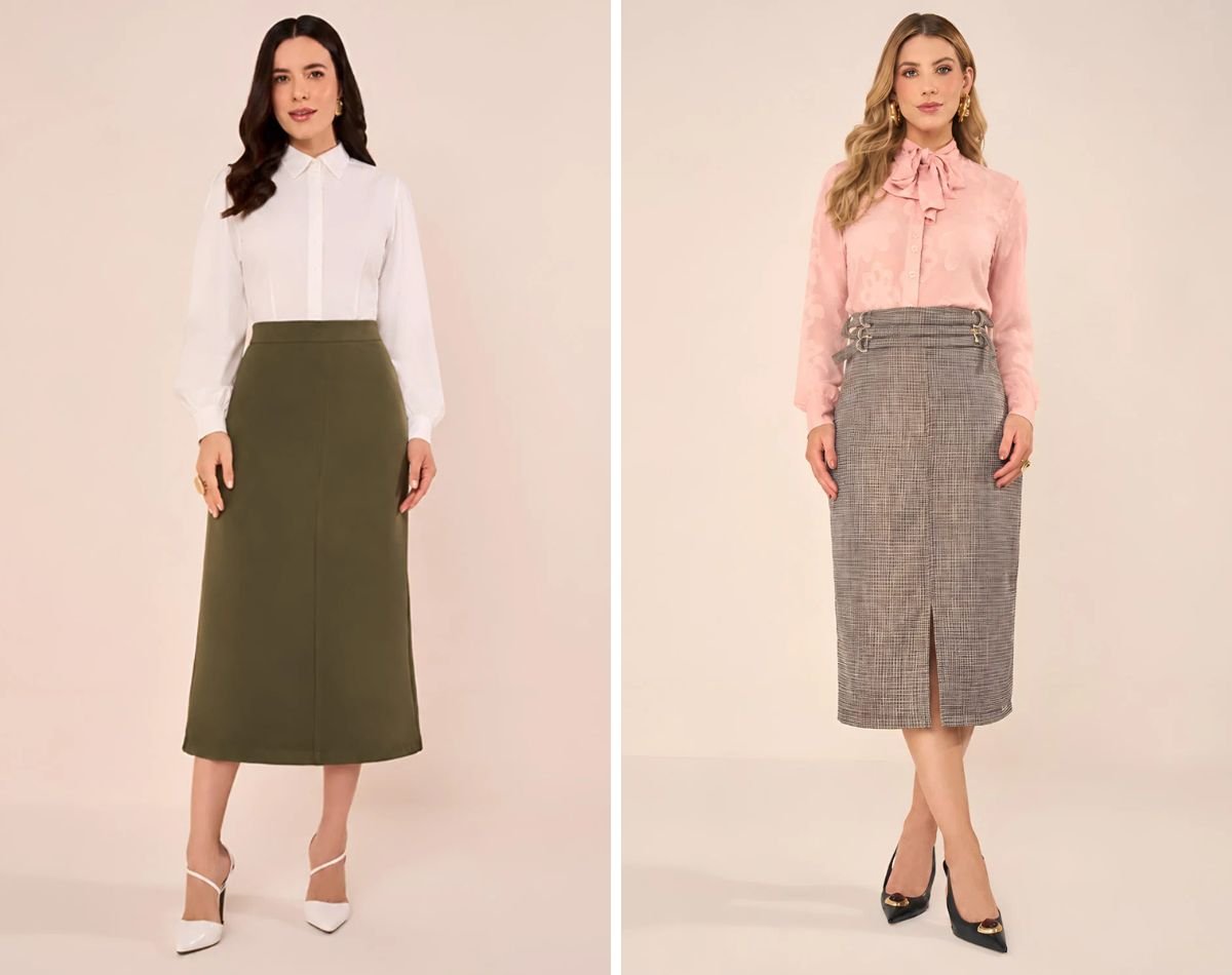 modelos usando saia midi e camisa social manga longa