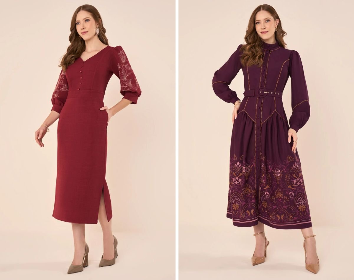 modelos usando vestidos midi com estampas