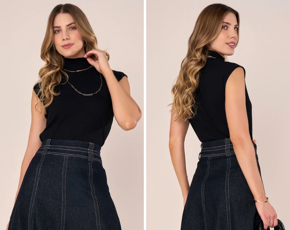 mulher usando blusa de gola alta