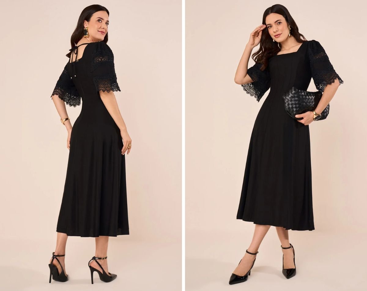 modelo usando vestido midi preto