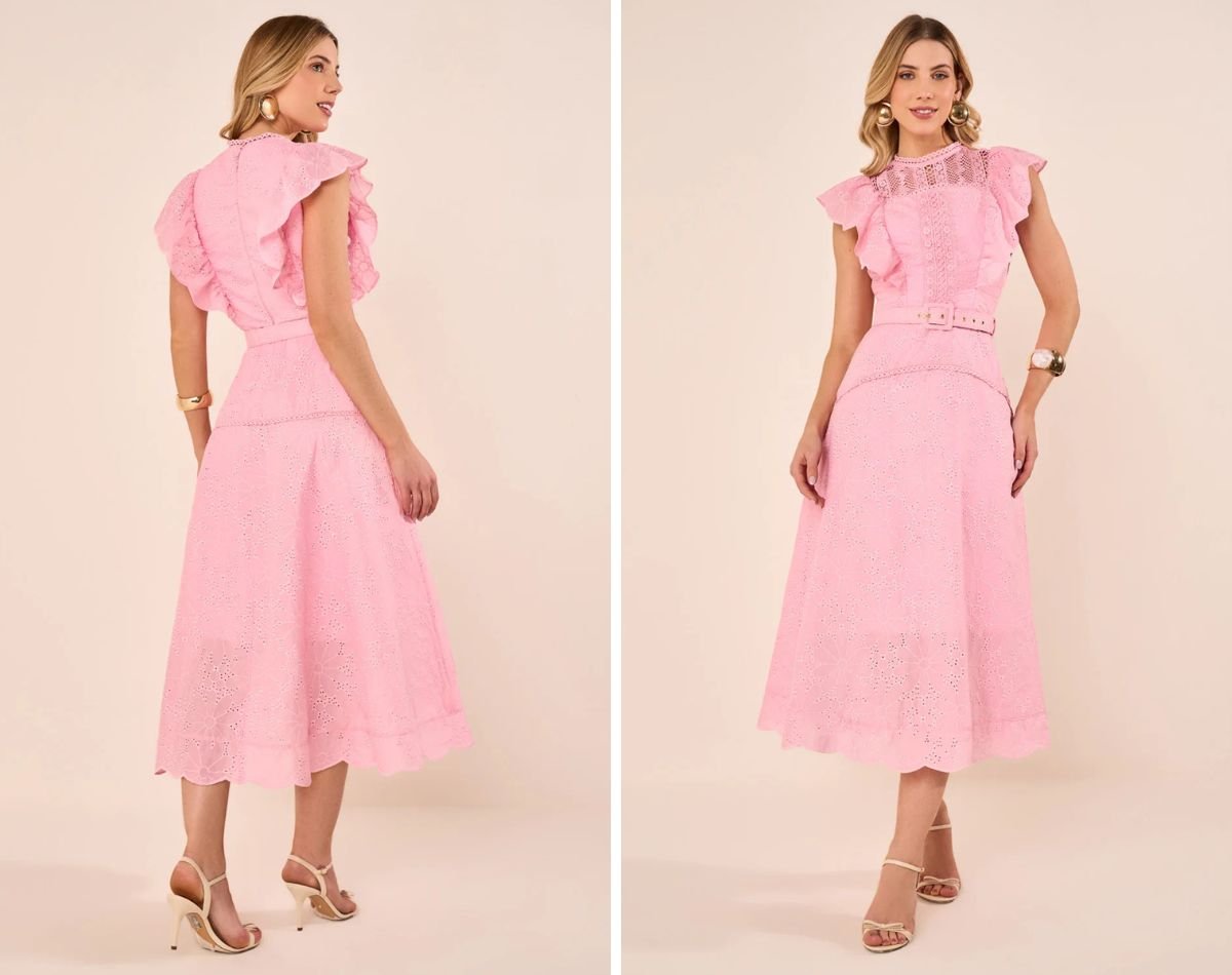 mulher usando vestido midi rosa