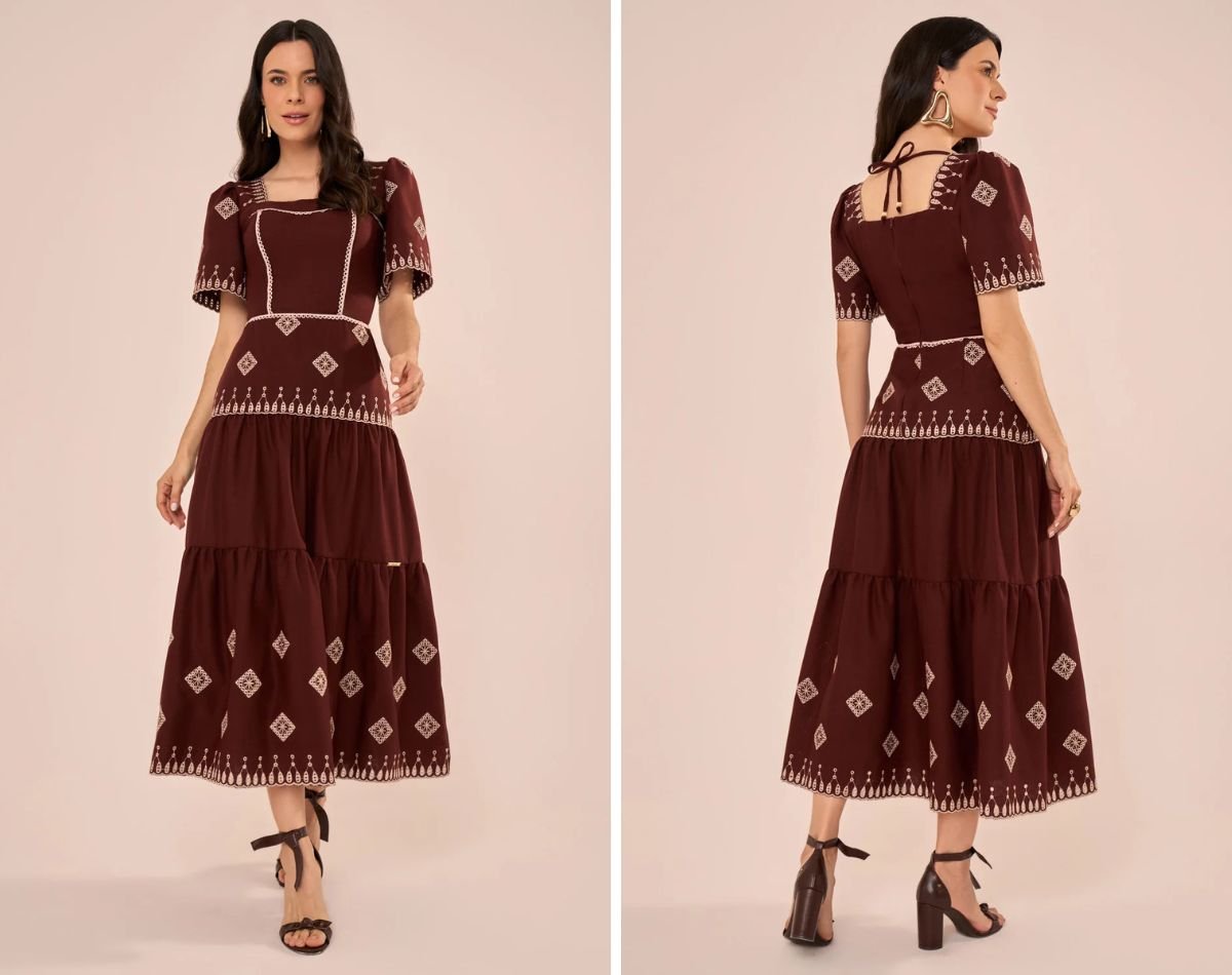 modelos usando vestido midi marrom