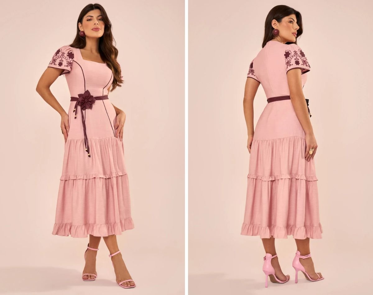 modelos usando vestido midi rosa