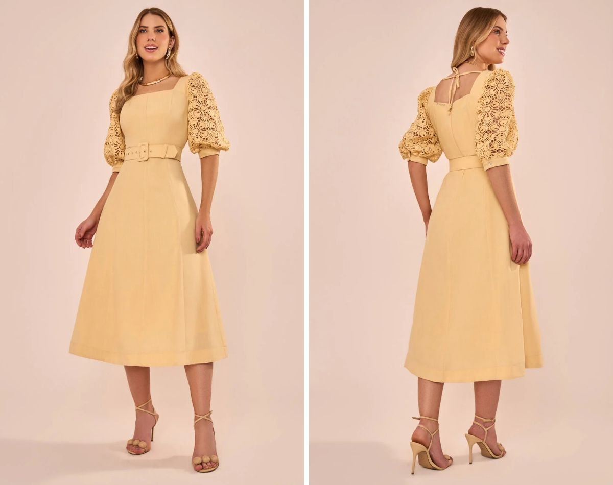 modelo usando vestido midi evase