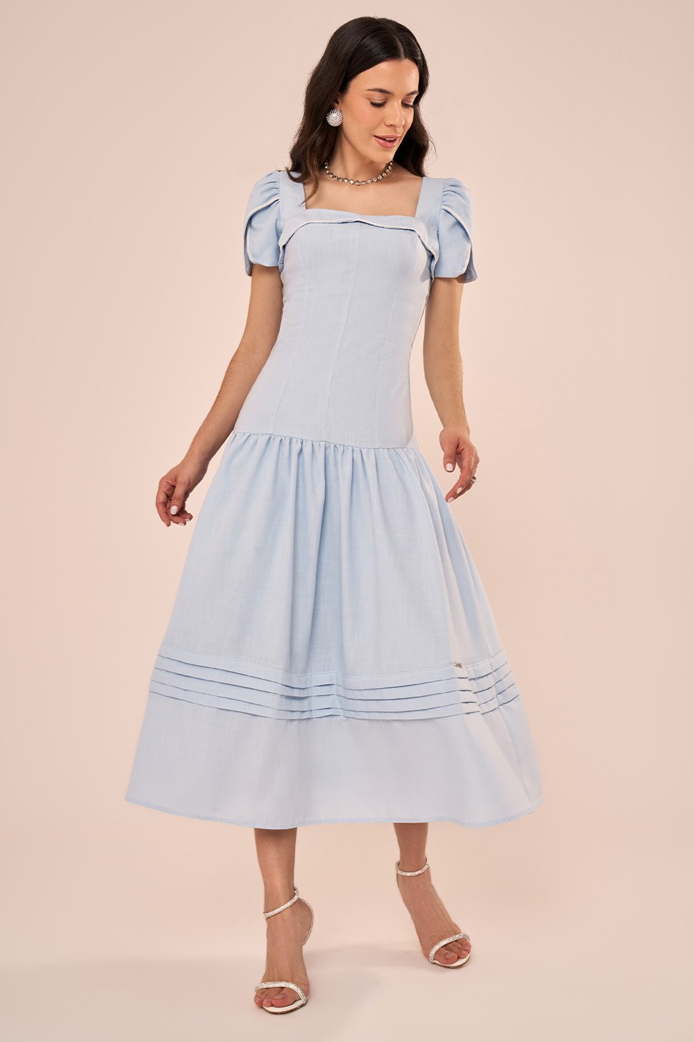 Vestido com Decote Quadrado e Mangas Tulipa Azul - Fascinius