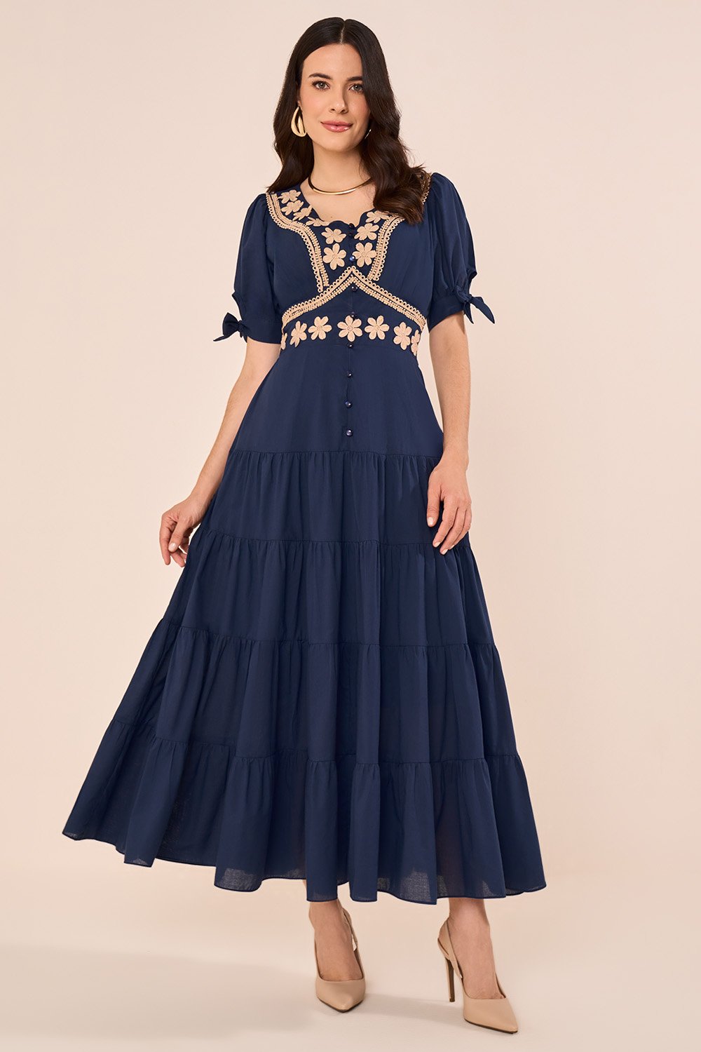 Vestido Midi em Marias com Guipir Floral Azul Marinho - Fascinius