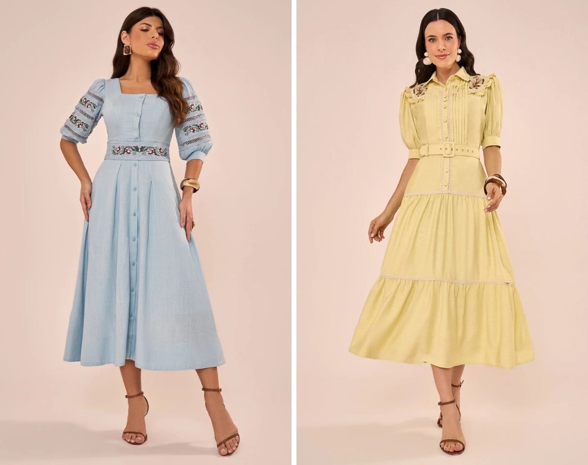 modelos usando vestidos evase amarelo e azul