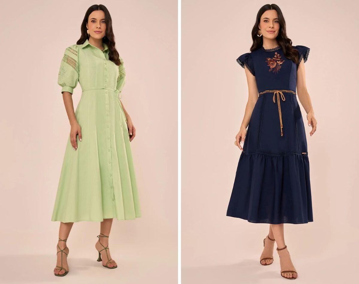 modelos usando vestidos evase de cor cerda e azul escuro