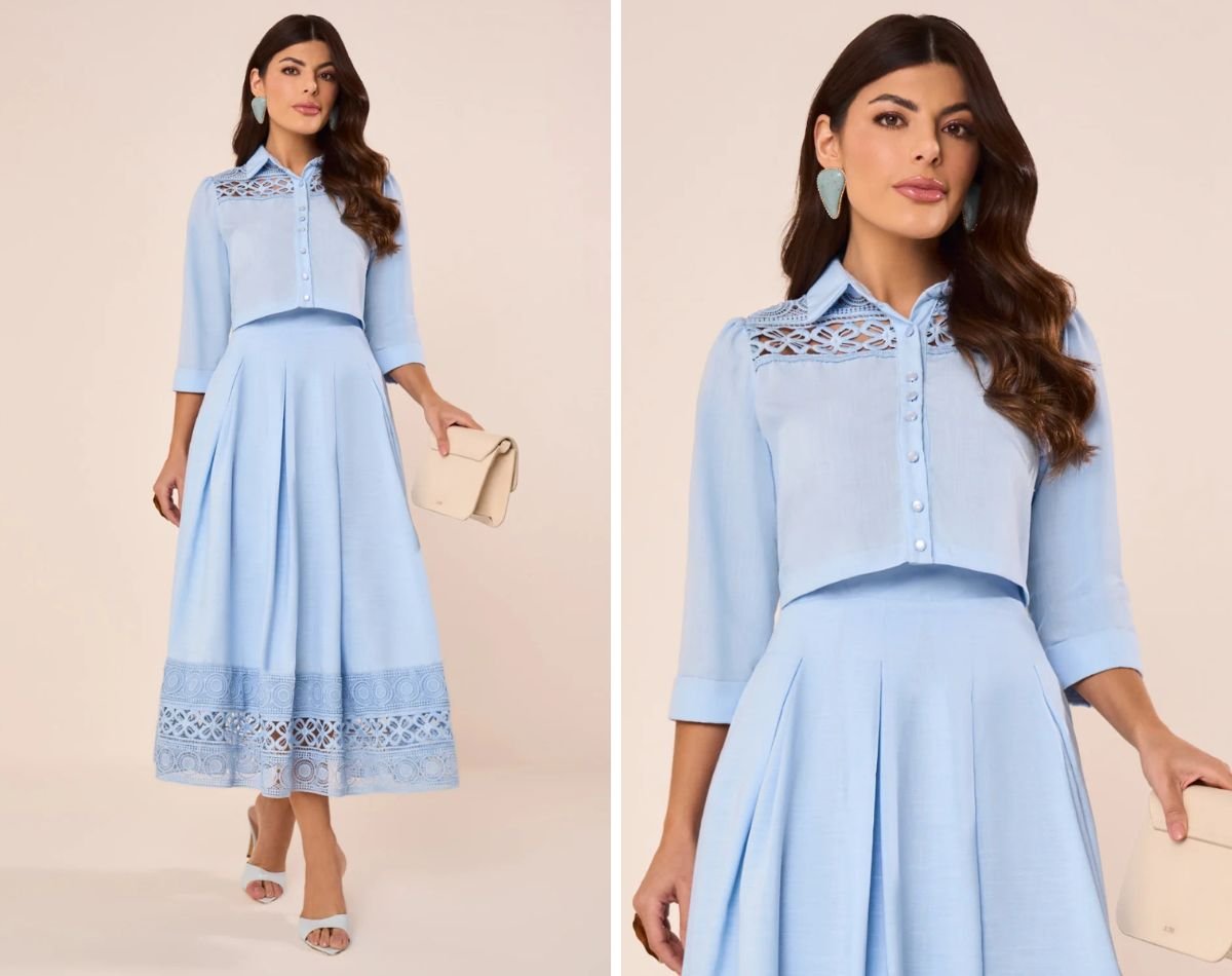 modelo com conjunto midi azul