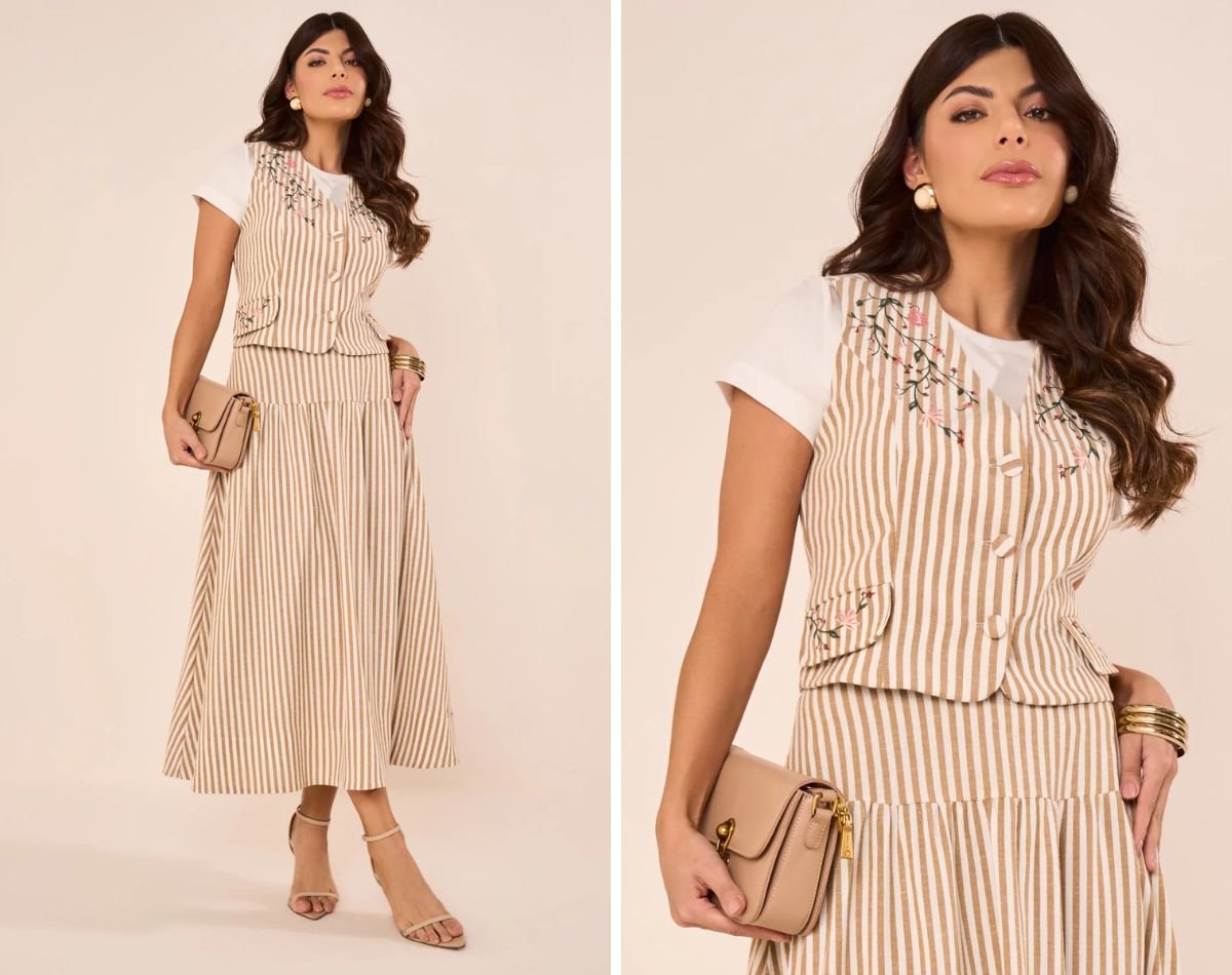 modelo com conjunto midi listrado
